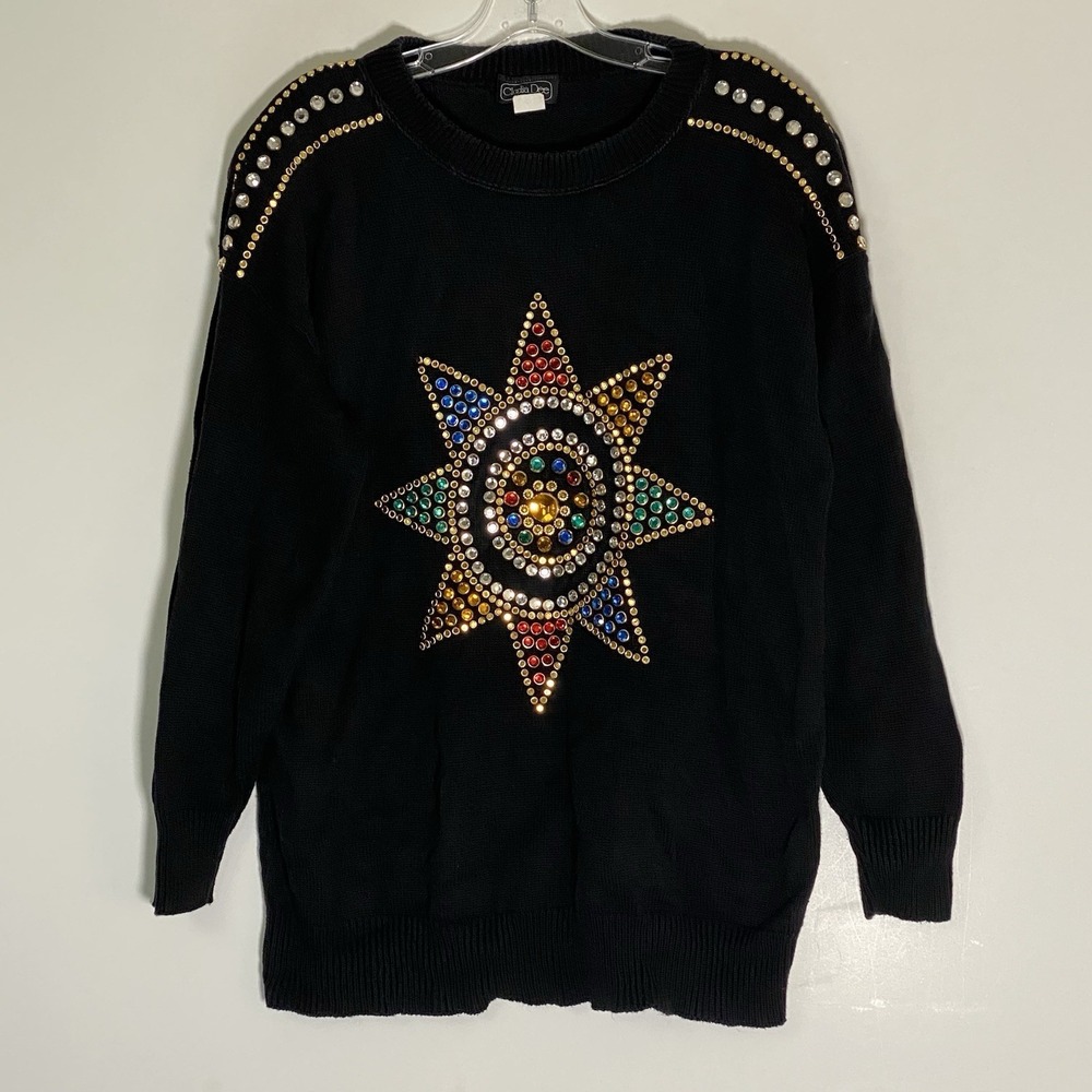 Vintage Clodia Dee Sweater Womens XL Black Multi Embellished Bedazzled Bling USA